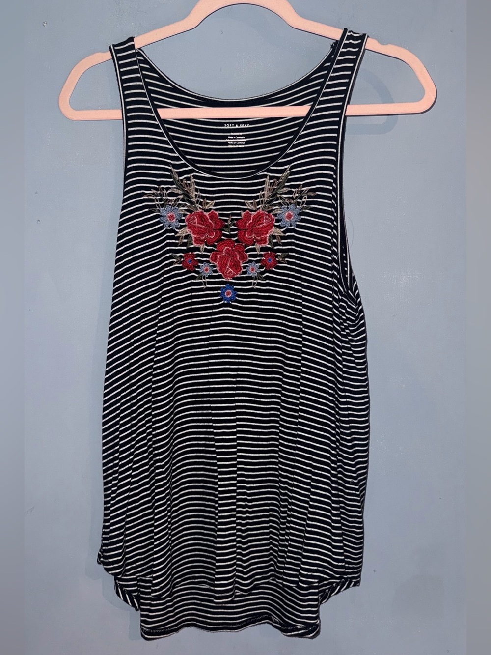 American Eagle Soft & Sexy Striped Floral Embroidered Tank Top M